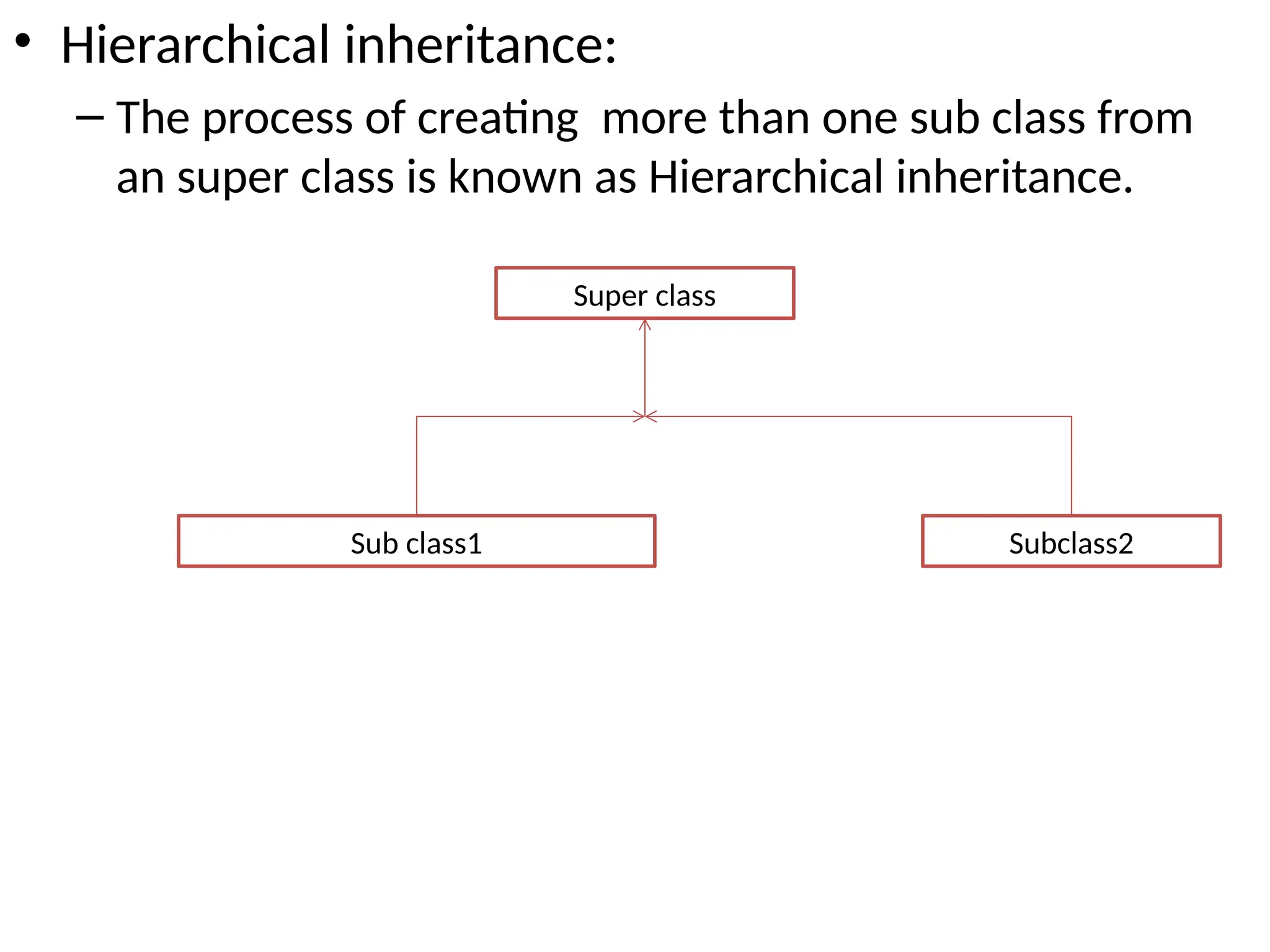 • Hierarchical inheritance:
– The process of creating more than one sub class from
an super class is known as Hierarchical inheritance.
Super class
Subclass2
Sub class1
 