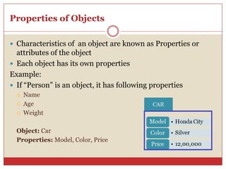 Properties of Objects
 Characteristics of an object are known as Properties or
attributes of the object
 Each object has its own properties
Example:
 If “Person” is an object, it has following properties
 Name
 Age
 Weight
Object: Car
Properties: Model, Color, Price
 