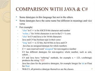 39
COMPARISON WITH JAVA & C#
 Some datatypes in this language but not in the others
 Some datatypes have the same name but different in meanings and vice
versa
 For example:
◦ ‘char’ in C++ is for ASCII 8-bit character and number
◦ ‘wchar_t’ for 16-bit characters is not in the C++’s core
◦ ‘char’ in C# and Java is for 16-bit characters
◦ Java and C# has boolean type in their cores
◦ ‘long’ in C++ is 32 bits, but 64 bits in Java and C#
◦ Java has no unsigned datatype for whole numbers
◦ C++ uses reserved word ‘unsigned’ for non-negative number
◦ C# has different datatypes for non-negative whole number, such as uint,
ushort…
◦ C# and Java have “toString” methods, for example x = 123, x.toString()
produces the string “123”
◦ Java has class for the primitive datatypes, for example Integer for int or Float
for float
◦ With C#, all primitive datatype themselves are the classes.
 
