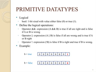 9
PRIMITIVE DATATYPES
 Logical
◦ bool: 1-bit sized with value either false (0) or true (1).
 Define the logical operations:
◦ Operator &&: expression (A && B) is true if all are right and is false
if A or B is wrong
◦ Operator ||: expression (A || B) is false if all are wrong and is true if A
or B right
◦ Operator !: expression (!B) is false if B is right and true if B is wrong.
 Example:
0 0 0 0 0 0 0 1
b = true
0 0 0 0 0 0 0 0
b = false
 