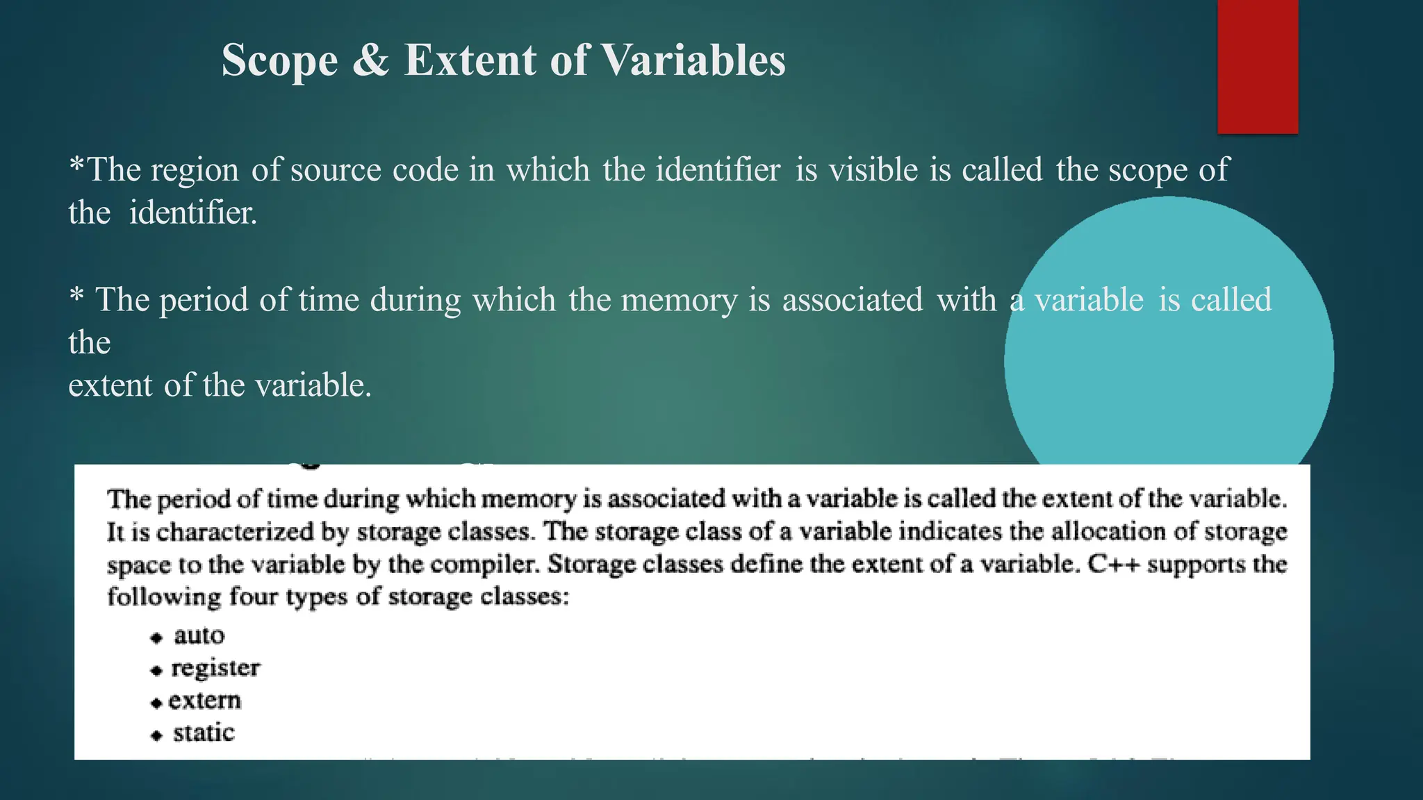 Scope & Extent of Variables
*The region of source code in which the identifier is visible is called the scope of
the identifier.
* The period of time during which the memory is associated with a variable is called
the
extent of the variable.
Storage Classes
 