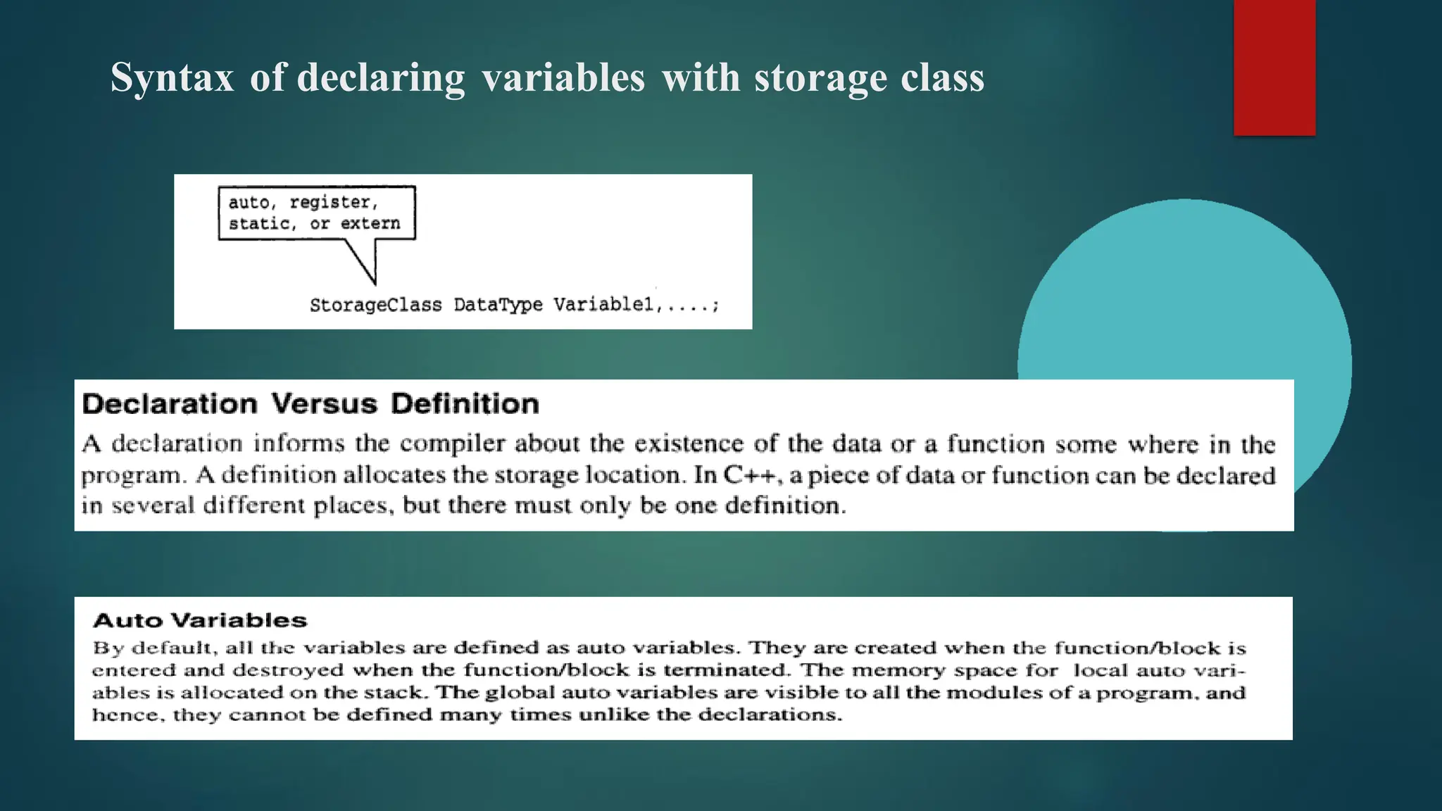 Syntax of declaring variables with storage class
 