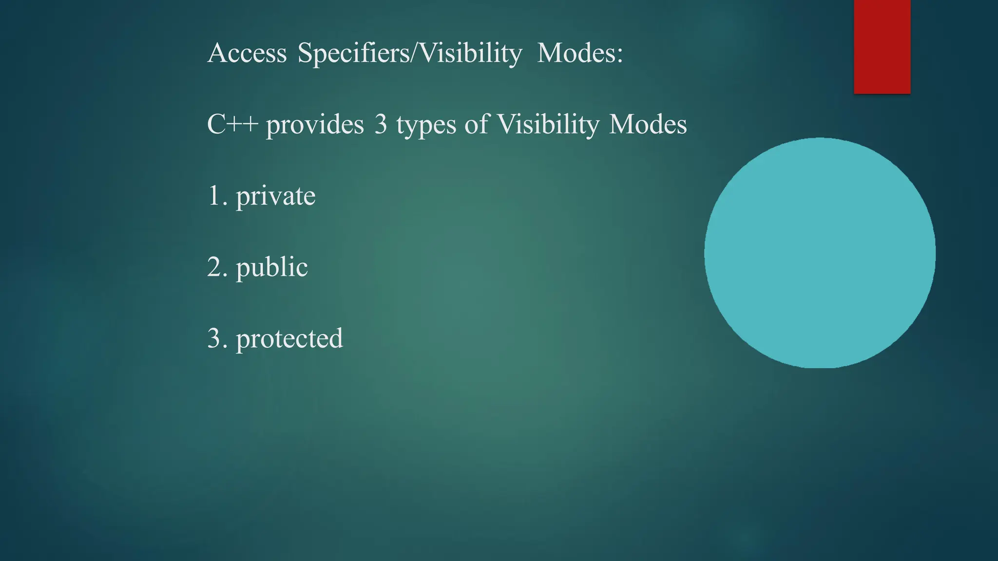Access Specifiers/Visibility Modes:
C++ provides 3 types of Visibility Modes
1. private
2. public
3. protected
 