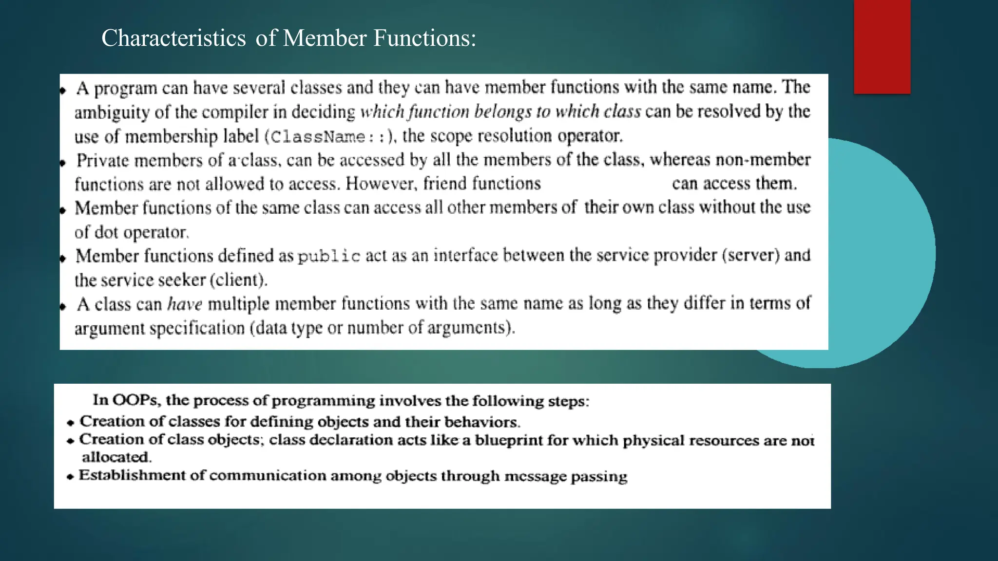 Characteristics of Member Functions:
 