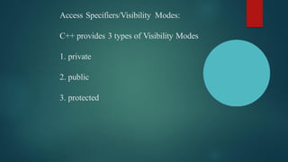 Access Specifiers/Visibility Modes:
C++ provides 3 types of Visibility Modes
1. private
2. public
3. protected
 