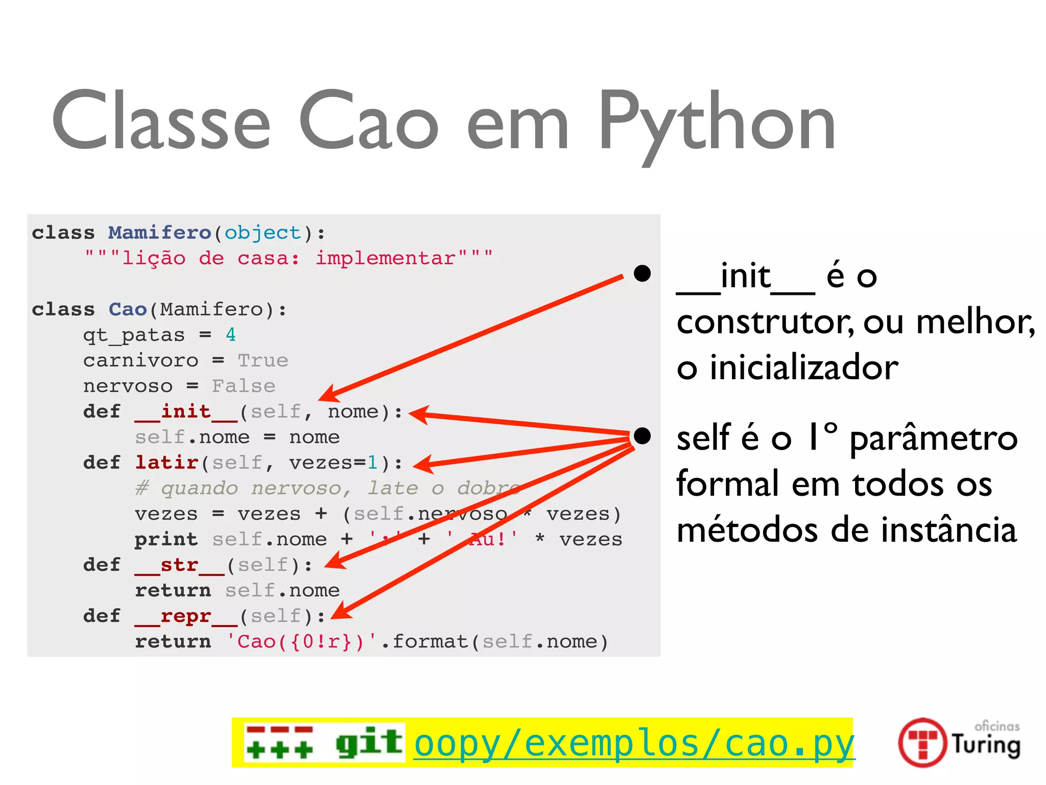 Classe Cao em Python
class Mamifero(object):
    """lição de casa: implementar"""
                                                 •   __init__ é o
class Cao(Mamifero):
    qt_patas = 4                                     construtor, ou melhor,
    carnivoro = True
    nervoso = False
                                                     o inicializador

                                                 •
    def __init__(self, nome):
        self.nome = nome
    def latir(self, vezes=1):
                                                     self é o 1º parâmetro
        # quando nervoso, late o dobro               formal em todos os
        vezes = vezes + (self.nervoso * vezes)
        print self.nome + ':' + ' Au!' * vezes       métodos de instância
    def __str__(self):
        return self.nome
    def __repr__(self):
        return 'Cao({0!r})'.format(self.nome)




                             oopy/exemplos/cao.py
 