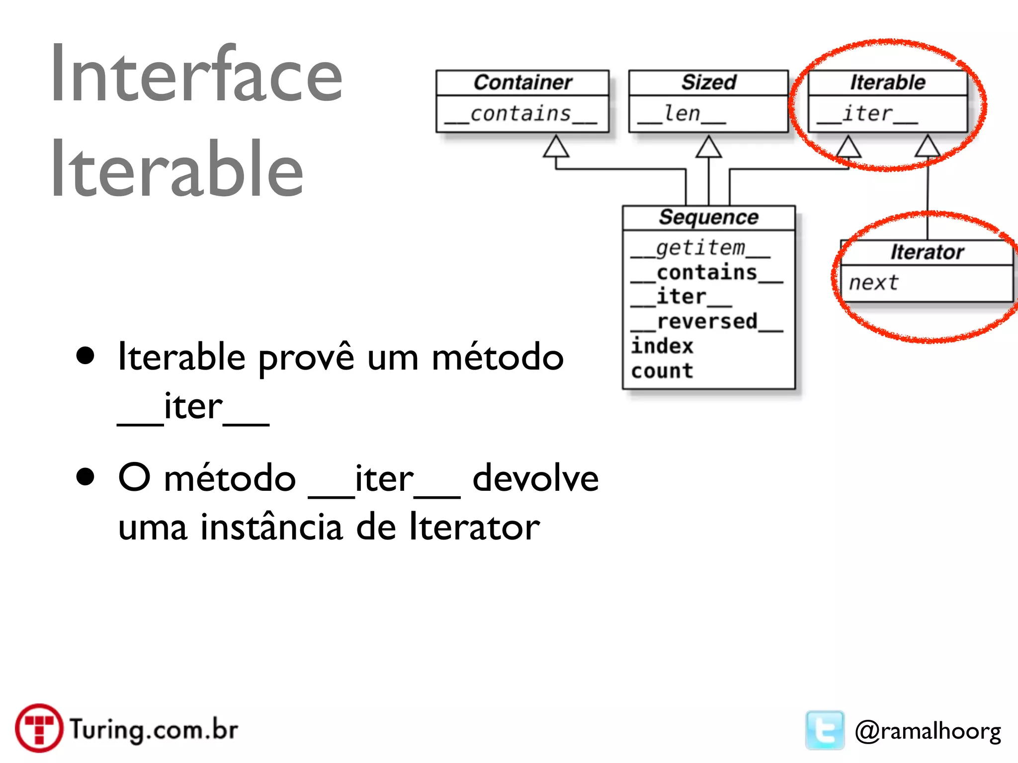 Interface
Iterable

• Iterable provê um método
  __iter__
• O método __iter__ devolve
  uma instância de Iterator



                              @ramalhoorg
 