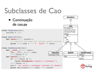 Subclasses de Cao
      • Continuação
         de cao.py
class Pequines(Cao):
    nervoso = True
    
class Mastiff(Cao):
    def latir(self, vezes=1):
        # o mastiff não muda seu latido quando nervoso
        print self.nome + ':' + ' Wuff!' * vezes
        
class SaoBernardo(Cao):
    def __init__(self, nome):
        Cao.__init__(self, nome)
        self.doses = 10
    def servir(self):
        if self.doses == 0:
            raise ValueError('Acabou o conhaque!')
        self.doses -= 1
        msg = '{0} serve o conhaque (restam {1} doses)'
        print msg.format(self.nome, self.doses)
 