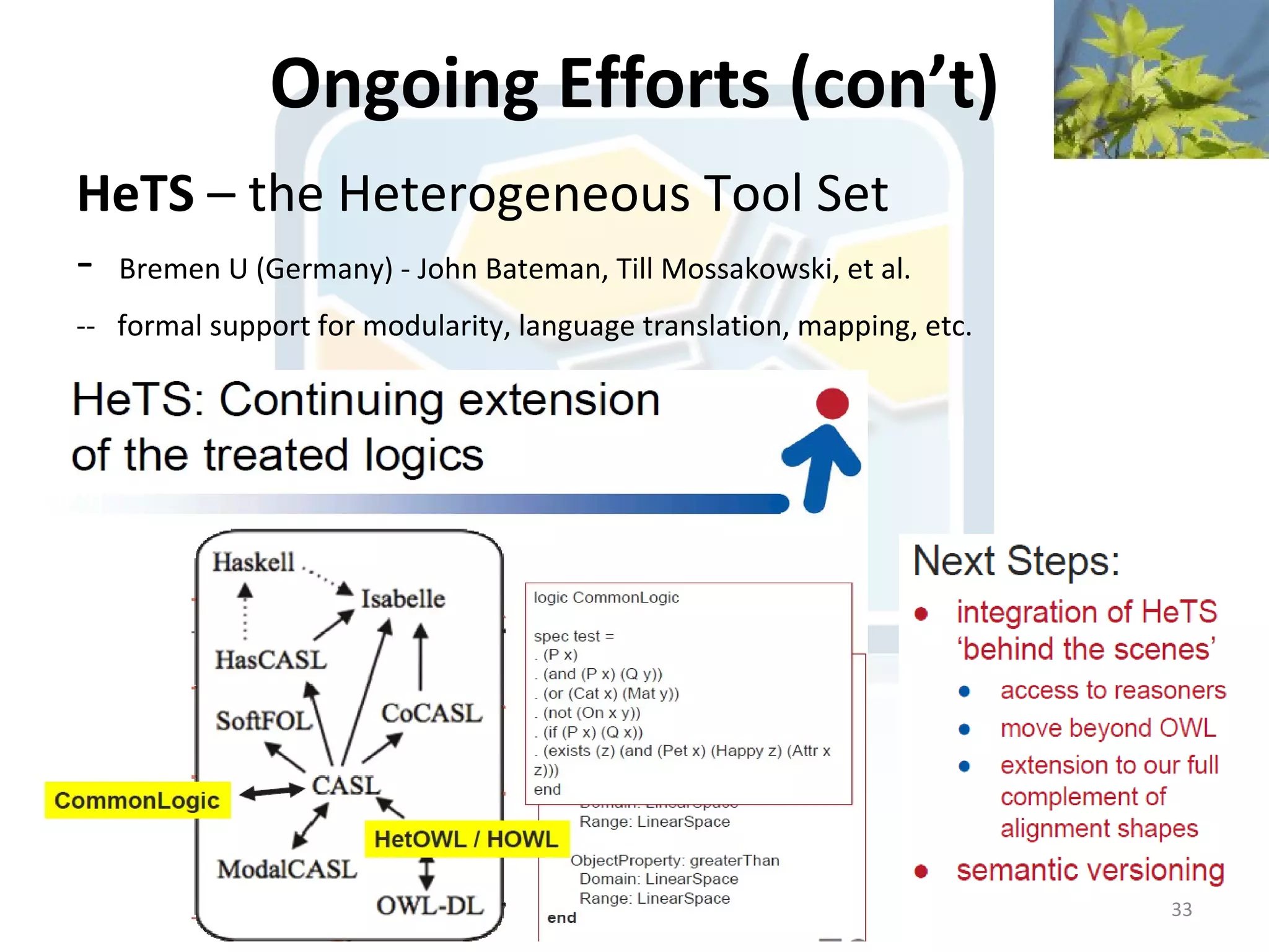 Ongoing Efforts (con’t)
HeTS – the Heterogeneous Tool Set
- Bremen U (Germany) - John Bateman, Till Mossakowski, et al.
-- formal support for modularity, language translation, mapping, etc.




                                                                        33
 