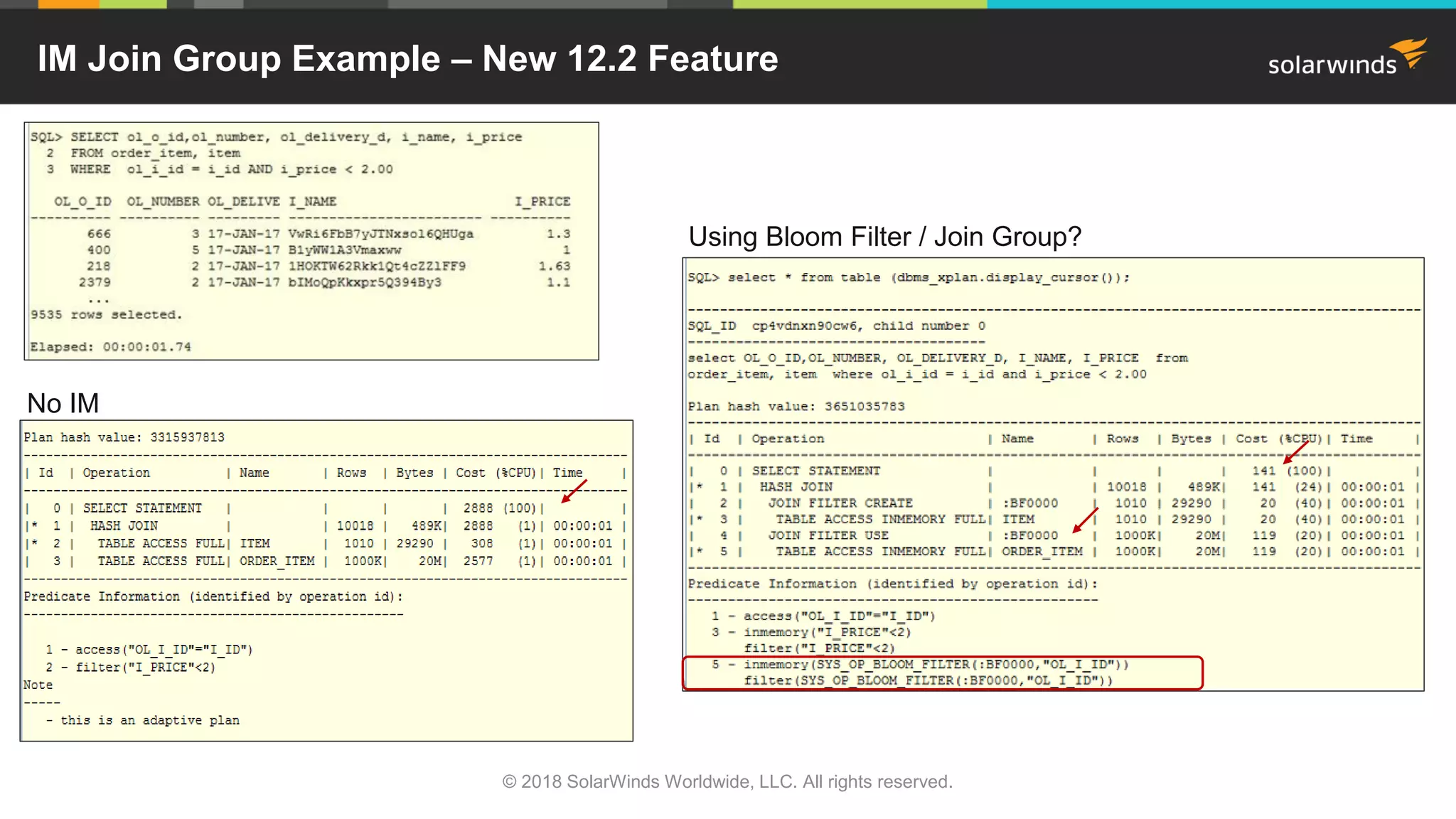 IM Join Group Example – New 12.2 Feature
© 2018 SolarWinds Worldwide, LLC. All rights reserved.
No IM
Using Bloom Filter / Join Group?
 