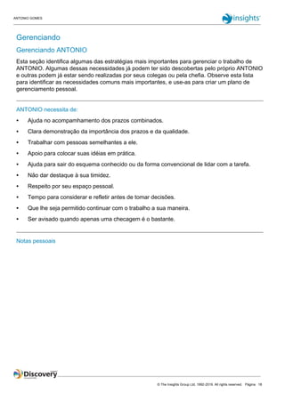 ANTONIO GOMES
© The Insights Group Ltd, 1992-2019. All rights reserved. Página 18
Gerenciando
Gerenciando ANTONIO
Esta seção identifica algumas das estratégias mais importantes para gerenciar o trabalho de
ANTONIO. Algumas dessas necessidades já podem ter sido descobertas pelo próprio ANTONIO
e outras podem já estar sendo realizadas por seus colegas ou pela chefia. Observe esta lista
para identificar as necessidades comuns mais importantes, e use-as para criar um plano de
gerenciamento pessoal.
ANTONIO necessita de:
● Ajuda no acompamhamento dos prazos combinados.
● Clara demonstração da importância dos prazos e da qualidade.
● Trabalhar com pessoas semelhantes a ele.
● Apoio para colocar suas idéias em prática.
● Ajuda para sair do esquema conhecido ou da forma convencional de lidar com a tarefa.
● Não dar destaque à sua timidez.
● Respeito por seu espaço pessoal.
● Tempo para considerar e refletir antes de tomar decisões.
● Que lhe seja permitido continuar com o trabalho a sua maneira.
● Ser avisado quando apenas uma checagem é o bastante.
Notas pessoais
 