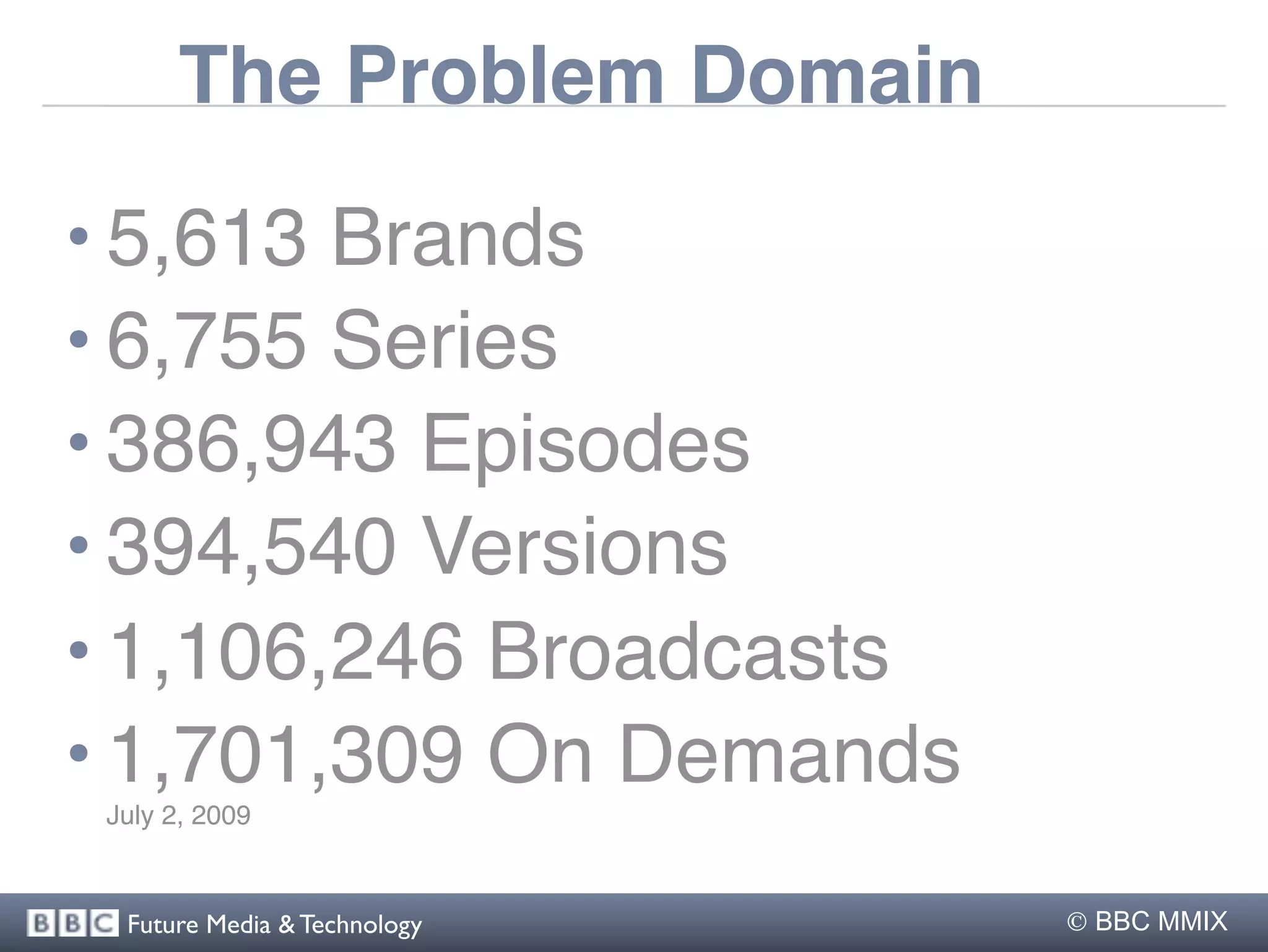 The Problem Domain

• 5,613 Brands
• 6,755 Series
• 386,943 Episodes
• 394,540 Versions
• 1,106,246 Broadcasts
• 1,701,309 On Demands
 July 2, 2009



  Future Media & Technology    BBC MMIX
 