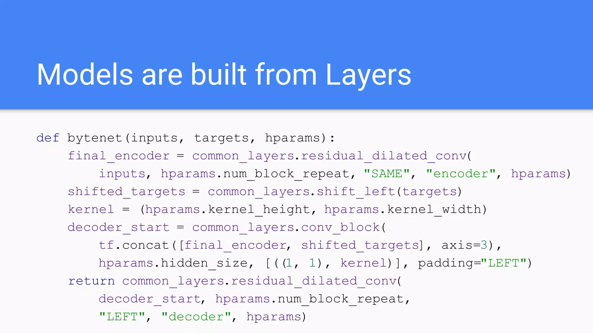 Models are built from Layers
def bytenet(inputs, targets, hparams):
final_encoder = common_layers.residual_dilated_conv(
inputs, hparams.num_block_repeat, "SAME", "encoder", hparams)
shifted_targets = common_layers.shift_left(targets)
kernel = (hparams.kernel_height, hparams.kernel_width)
decoder_start = common_layers.conv_block(
tf.concat([final_encoder, shifted_targets], axis=3),
hparams.hidden_size, [((1, 1), kernel)], padding="LEFT")
return common_layers.residual_dilated_conv(
decoder_start, hparams.num_block_repeat,
"LEFT", "decoder", hparams)
 