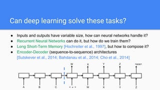Can deep learning solve these tasks?
● Inputs and outputs have variable size, how can neural networks handle it?
● Recurrent Neural Networks can do it, but how do we train them?
● Long Short-Term Memory [Hochreiter et al., 1997], but how to compose it?
● Encoder-Decoder (sequence-to-sequence) architectures
[Sutskever et al., 2014; Bahdanau et al., 2014; Cho et al., 2014]
 