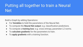 Putting all together to train a Neural
Net
Build a Graph by adding Operations:
● For Variables to hold the parameters of the Neural Net.
● To compute the Neural Net output: e.g. classification predictions.
● To compute a training loss: e.g. cross entropy, parameter L2 norms.
● To calculate gradients for the parameters to train.
● To apply gradients with a training function.
 