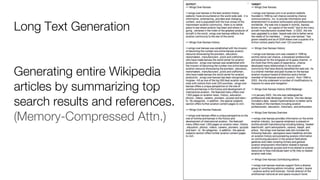 Long Text Generation
Generating entire Wikipedia
articles by summarizing top
search results and references.
(Memory-Compressed Attn.)
 