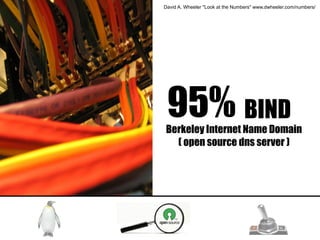 David A. Wheeler "Look at the Numbers" www.dwheeler.com/numbers/




 95% BIND
Berkeley Internet Name Domain
  ( open source dns server )
 