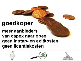 goedkoper
meer aanbieders
van capex naar opex
geen instap- en exitkosten
geen licentiekosten
 