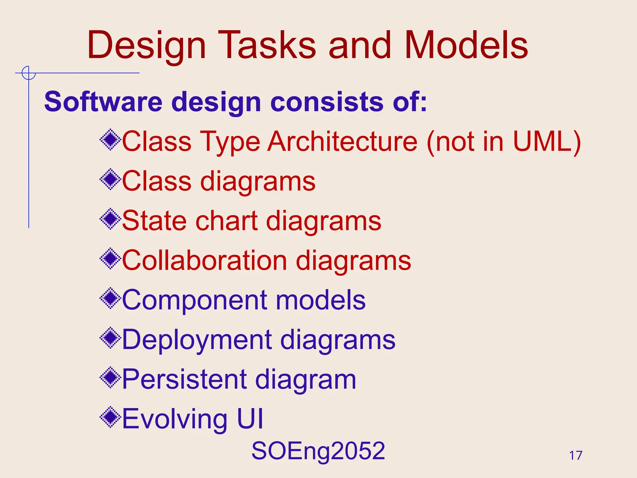 SOEng2052 17
Design Tasks and Models
Software design consists of:
Class Type Architecture (not in UML)
Class diagrams
State chart diagrams
Collaboration diagrams
Component models
Deployment diagrams
Persistent diagram
Evolving UI
 