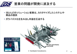 17
© 2013 TOCICO. All rights reserved.
TOCICO 2014 Conference
© Goal-System Consultanｔs.Inc.
17
営業の問題が開発に波及する
• ほとんどのソリューション営業は、カスタマイズしたシステムや
商品の提供
• ガラパゴス化を生み出し利益を圧迫する
Wenger giant Swiss
army knife
17
 