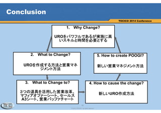 35
© 2013 TOCICO. All rights reserved.
TOCICO 2014 Conference
Implementing Result
35
成約率の改善
営業マンの提
案能力のばら
つきを低減
良い製品だけど
売りにくい
問題を改善
代表的な適用事例
＜産業材関連＞
切削工具新製品提案
セラミック関連新製品提案
住宅エコ関係新製品提案
＜ソフトウェア関連＞
パッケージソフトウェア新製品提案
（予約システム・業務支援ソフトなど）
システム開発企業新契約体系提案
＜コンサルティングサービス関連＞
中小企業向研修サービス提案
エネルギー関連調査研究支援業務提案
経営コンサルティングサービス提案
公共官公庁対象設計業務提案（約20サービス）
 