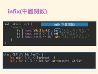 inﬁx( )
Validation<User> {
"name"{
be { name.isNotBlank() } not "入力してください"
be { name.length >= 5 } not "5文字以上入力"
be { name.length <= 10 } not "10文字以下で入力"
}
}
•
class ChildValidation<T> {
fun be(f: T.() -> Boolean) = f
infix fun (T.() -> Boolean).not(message: String)
}
 