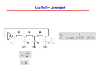 Oscilador Senoidal
-A
R
C C C
R R
v1 v2
3
3
3
2
2
2
1
2
C
jR
C
R
5
jRC
6
1
1
v
v
ω
−
ω
−
ω
+
=
RC
6
0 =
ω
29
A =
 