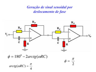 Geração de sinal senoidal por
deslocamento de fase
4
)
(
π
ω =
RC
arctg
2
π
φ =
)
(
2
1800
RC
arctg ω
φ −
=
 