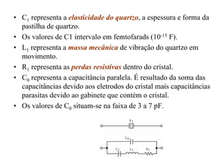 • C1 representa a elasticidade do quartzo, a espessura e forma da
pastilha de quartzo.
• Os valores de C1 intervalo em femtofarads (10-15 F).
• L1 representa a massa mecânica de vibração do quartzo em
movimento.
• R1 representa as perdas resistivas dentro do cristal.
• C0 representa a capacitância paralela. É resultado da soma das
capacitâncias devido aos eletrodos do cristal mais capacitâncias
parasitas devido ao gabinete que contém o cristal.
• Os valores de C0 situam-se na faixa de 3 a 7 pF.
 