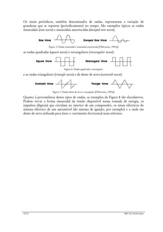 10/63 ABC do Osciloscópio
Os sinais periódicos, também denominados de ondas, representam a variação de
grandezas que se repetem (periodicamente) no tempo. São exemplos típicos as ondas
sinusoidais (sine wave) e sinusoidais amortecidas (damped sine wave),
Figura 5: Ondas sinusoidal e sinusoidal amortecida ([Tektronics, 1997a])
as ondas quadradas (square wave) e rectangulares (rectangular wave):
Figura 6: Ondas quadrada e rectangular
e as ondas triangulares (triangle wave) e de dente de serra (sawtooth wave):
Figura 7: Ondas dente de serra e triangular ([Tektronics, 1997a])
Quanto à proveniência destes tipos de ondas, os exemplos da Figura 8 são elucidativos.
Podem ver-se a forma sinusoidal da tensão disponível numa tomada de energia, os
impulsos (digitais) que circulam no interior de um computador, os sinais eléctricos do
sistema eléctrico de um automóvel (do sistema de ignição, por exemplo) e a onda em
dente de serra utilizada para fazer o varrimento horizontal num televisor.
 
