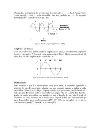 12/63 ABC do Osciloscópio
O período e a frequência são inversos um do outro, isto é, f = 1/ T. A Figura 9 serve
como exemplo, onde a onda sinusoidal tem um período de 1/3 de segundo,
correspondendo a uma frequência de 3 Hz.
Figura 9: Período e frequência ([Tektronics, 1997a])
Amplitude (de tensão)
Com um osciloscópio podem medir-se amplitudes de sinais, nomeadamente amplitudes
de pico e pico-a-pico. A forma de onda apresentada na Figura 10 tem uma amplitude (de
pico) de 1 V e uma amplitude pico-a-pico de 2 V.
Figura 10: Fase de uma onda sinusoidal ([Tektronics, 1997a])
Desfasamento
Para entender o que é o desfasamento entre duas ondas, é necessário apreender o
conceito de fase. É importante salientar que este conceito apenas se aplica a ondas
sinusoidais. Olhando para a Figura 10 pode considerar-se que como o sinal é sinusoidal, a
cada instante de tempo pode corresponder um ângulo (de 0º a 360º). Isto facilita a
analise de ondas sinusoidais, no sentido em que o ângulo de fase não depende da
frequência do sinal. Podemos então referir-nos a ângulos de fase para descrever em que
parte do período é que o sinal se encontra (20º, 60º, 180º, por exemplo), em vez de nos
referirmos a tempo (1,35 ms ou 4,2 s, por exemplo).
 