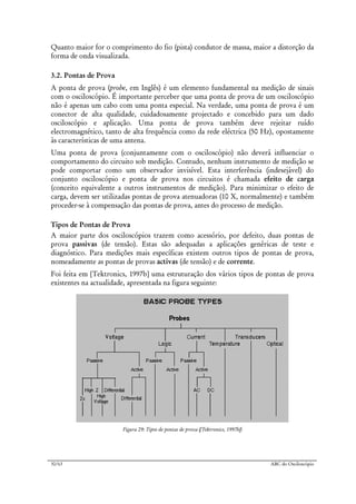 30/63 ABC do Osciloscópio
Quanto maior for o comprimento do fio (pista) condutor de massa, maior a distorção da
forma de onda visualizada.
3.2. Pontas de Prova
A ponta de prova (probe, em Inglês) é um elemento fundamental na medição de sinais
com o osciloscópio. É importante perceber que uma ponta de prova de um osciloscópio
não é apenas um cabo com uma ponta especial. Na verdade, uma ponta de prova é um
conector de alta qualidade, cuidadosamente projectado e concebido para um dado
osciloscópio e aplicação. Uma ponta de prova também deve rejeitar ruído
electromagnético, tanto de alta frequência como da rede eléctrica (50 Hz), opostamente
às características de uma antena.
Uma ponta de prova (conjuntamente com o osciloscópio) não deverá influenciar o
comportamento do circuito sob medição. Contudo, nenhum instrumento de medição se
pode comportar como um observador invisível. Esta interferência (indesejável) do
conjunto osciloscópio e ponta de prova nos circuitos é chamada efeito de carga
(conceito equivalente a outros instrumentos de medição). Para minimizar o efeito de
carga, devem ser utilizadas pontas de prova atenuadoras (10 X, normalmente) e também
proceder-se à compensação das pontas de prova, antes do processo de medição.
Tipos de Pontas de Prova
A maior parte dos osciloscópios trazem como acessório, por defeito, duas pontas de
prova passivas (de tensão). Estas são adequadas a aplicações genéricas de teste e
diagnóstico. Para medições mais específicas existem outros tipos de pontas de prova,
nomeadamente as pontas de provas activas (de tensão) e de corrente.
Foi feita em [Tektronics, 1997b] uma estruturação dos vários tipos de pontas de prova
existentes na actualidade, apresentada na figura seguinte:
Figura 29: Tipos de pontas de prova ([Tektronics, 1997b])
 