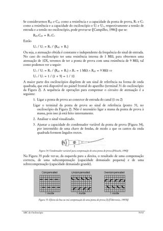 ABC do Osciloscópio 35/63
Se considerarmos Rpp e Cpp como a resistência e a capacidade da ponta de prova, Ro e Co
como a resistência e a capacidade do osciloscópio e Ui e Uo, respectivamente a tensão de
entrada e a tensão no osciloscópio, pode provar-se ([Campilho, 1986]) que se:
Rpp.Cpp = Ro.Co
Então
Uo / Ui = Ro / (Rpp + Ro)
Ou seja, a atenuação obtida é constante e independente da frequência do sinal de entrada.
No caso do osciloscópio ter uma resistência interna de 1 MΩ, para obtermos uma
atenuação de 10X, teremos de ter a ponta de prova com uma resistência de 9 MΩ, tal
como podemos ver a seguir:
Uo / Ui = Ro / (Rpp + Ro) ∧ Ro = 1 MΩ ∧ Rpp = 9 MΩ ⇒
Uo / Ui = 1 / (1 + 9) = 1 / 10
A maior parte dos osciloscópios dispõem de um sinal de referência na forma de onda
quadrada, que está disponível no painel frontal do aparelho (terminal 31 do osciloscópio
da Figura 2). A sequência de operações para compensar o circuito de atenuação é a
seguinte:
1. Ligar a ponta de prova ao conector de entrada do canal (1 ou 2)
Ligar o terminal da ponta de prova ao sinal de referência (ponto 31, no
osciloscópio da Figura 2). Não é necessário ligar a massa da ponta de prova à
massa, pois isso já está feito internamente.
2. Analisar o sinal visualizado.
3. Ajustar a capacidade do condensador variável da ponta de prova (Figura 34),
por intermédio de uma chave de fendas, de modo a que os cantos da onda
quadrada formem ângulos rectos.
Figura 34: Condensador variável para compensação de uma ponta de prova ([Hitachi, 1990])
Na Figura 35 pode ver-se, da esquerda para a direita, o resultado de uma compensação
correcta, de uma subcompensação (capacidade demasiado pequena) e de uma
sobrecompensação (capacidade demasiado grande).
Figura 35: Efeitos da boa ou má compensação de uma ponta de prova (2) ([Tektronics, 1997b])
 