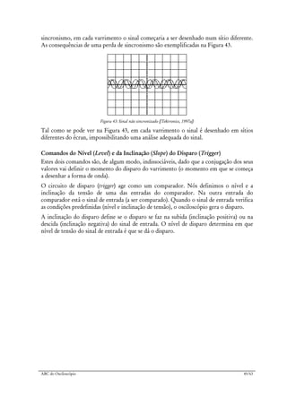 ABC do Osciloscópio 45/63
sincronismo, em cada varrimento o sinal começaria a ser desenhado num sítio diferente.
As consequências de uma perda de sincronismo são exemplificadas na Figura 43.
Figura 43: Sinal não sincronizado ([Tektronics, 1997a])
Tal como se pode ver na Figura 43, em cada varrimento o sinal é desenhado em sítios
diferentes do écran, impossibilitando uma análise adequada do sinal.
Comandos do Nível (Level) e da Inclinação (Slope) do Disparo (Trigger)
Estes dois comandos são, de algum modo, indissociáveis, dado que a conjugação dos seus
valores vai definir o momento do disparo do varrimento (o momento em que se começa
a desenhar a forma de onda).
O circuito de disparo (trigger) age como um comparador. Nós definimos o nível e a
inclinação da tensão de uma das entradas do comparador. Na outra entrada do
comparador está o sinal de entrada (a ser comparado). Quando o sinal de entrada verifica
as condições predefinidas (nível e inclinação de tensão), o osciloscópio gera o disparo.
A inclinação do disparo define se o disparo se faz na subida (inclinação positiva) ou na
descida (inclinação negativa) do sinal de entrada. O nível de disparo determina em que
nível de tensão do sinal de entrada é que se dá o disparo.
 