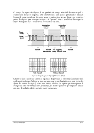 ABC do Osciloscópio 49/63
O tempo de espera do disparo é um período de tempo ajustável durante o qual o
osciloscópio não pode disparar. Esta característica é útil quando pretendemos analisar
formas de onda complexas, de modo a que o osciloscópio apenas dispara no primeiro
ponto de disparo após o tempo de espera. A Figura 45 mostra a utilidade do tempo de
espera de disparo, para a visualização adequada de um sinal.
Figura 45: Tempo de espera de disparo ([Tektronics, 1997a])
Saliente-se que o ajuste do tempo de espera do disparo não se encontra unicamente nos
osciloscópios digitais. Saliente-se que, mesmo para os osciloscópios sem esta opção (o
ajuste do tempo de espera) existe um tempo mínimo de espera que corresponde à
duração do sinal em dente de serra. No fundo, é o mesmo que dizer que enquanto o sinal
está a ser desenhado, não irá ser feito outro varrimento.
 