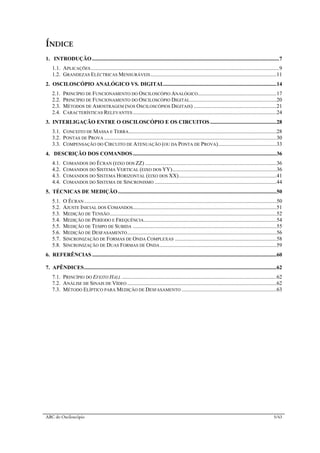 ABC do Osciloscópio 5/63
ÍNDICE
1. INTRODUÇÃO..........................................................................................................................................7
1.1. APLICAÇÕES...........................................................................................................................................9
1.2. GRANDEZAS ELÉCTRICAS MENSURÁVEIS.............................................................................................11
2. OSCILOSCÓPIO ANALÓGICO VS. DIGITAL...................................................................................14
2.1. PRINCÍPIO DE FUNCIONAMENTO DO OSCILOSCÓPIO ANALÓGICO..........................................................17
2.2. PRINCÍPIO DE FUNCIONAMENTO DO OSCILOSCÓPIO DIGITAL................................................................20
2.3. MÉTODOS DE AMOSTRAGEM (NOS OSCILOSCÓPIOS DIGITAIS) .............................................................21
2.4. CARACTERÍSTICAS RELEVANTES..........................................................................................................24
3. INTERLIGAÇÃO ENTRE O OSCILOSCÓPIO E OS CIRCUITOS.................................................28
3.1. CONCEITO DE MASSA E TERRA.............................................................................................................28
3.2. PONTAS DE PROVA ...............................................................................................................................30
3.3. COMPENSAÇÃO DO CIRCUITO DE ATENUAÇÃO (OU DA PONTA DE PROVA)...........................................33
4. DESCRIÇÃO DOS COMANDOS..........................................................................................................36
4.1. COMANDOS DO ÉCRAN (EIXO DOS ZZ) .................................................................................................36
4.2. COMANDOS DO SISTEMA VERTICAL (EIXO DOS YY).............................................................................36
4.3. COMANDOS DO SISTEMA HORIZONTAL (EIXO DOS XX)........................................................................41
4.4. COMANDOS DO SISTEMA DE SINCRONISMO ..........................................................................................44
5. TÉCNICAS DE MEDIÇÃO.....................................................................................................................50
5.1. O ÉCRAN..............................................................................................................................................50
5.2. AJUSTE INICIAL DOS COMANDOS..........................................................................................................51
5.3. MEDIÇÃO DE TENSÃO...........................................................................................................................52
5.4. MEDIÇÃO DE PERÍODO E FREQUÊNCIA..................................................................................................54
5.5. MEDIÇÃO DE TEMPO DE SUBIDA ..........................................................................................................55
5.6. MEDIÇÃO DE DESFASAMENTO..............................................................................................................56
5.7. SINCRONIZAÇÃO DE FORMAS DE ONDA COMPLEXAS ...........................................................................58
5.8. SINCRONIZAÇÃO DE DUAS FORMAS DE ONDA......................................................................................59
6. REFERÊNCIAS ........................................................................................................................................60
7. APÊNDICES..............................................................................................................................................62
7.1. PRINCÍPIO DO EFEITO HALL ..................................................................................................................62
7.2. ANÁLISE DE SINAIS DE VÍDEO ..............................................................................................................62
7.3. MÉTODO ELÍPTICO PARA MEDIÇÃO DE DESFASAMENTO ......................................................................63
 