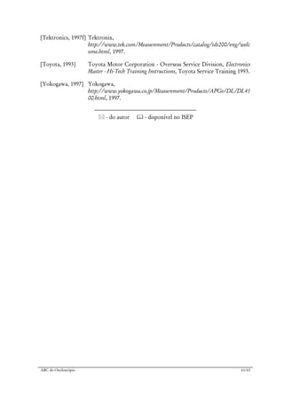 ABC do Osciloscópio 61/63
[Tektronics, 1997f] Tektronix,
http://www.tek.com/Measurement/Products/catalog/tds200/eng/welc
ome.html, 1997.
[Toyota, 1993] Toyota Motor Corporation - Overseas Service Division, Electronics
Master - Hi-Tech Training Instructions, Toyota Service Training 1993.
[Yokogawa, 1997] Yokogawa,
http://www.yokogawa.co.jp/Measurement/Products/APGe/DL/DL41
00.html, 1997.
- do autor - disponível no ISEP
 