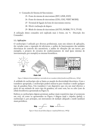 ABC do Osciloscópio 9/63
• Comandos do Sistema de Sincronismo:
25 - Fonte do sistema de sincronismo (INT, LINE, EXT)
26 - Fonte do sistema de sincronismo (CH1, CH2, VERT MODE)
27 - Terminal de ligação da fonte de sincronismo externa
28 - Nível e inclinação de disparo
29 - Modo do sistema de sincronismo (AUTO, NORM, TV-V, TV-H)
A utilização destes comandos será explicada mais à frente, em ‘4. Descrição dos
Comandos’.
1.1. Aplicações
O osciloscópio é utilizado por diversos profissionais, num sem número de aplicações,
tão variadas como a reparação de televisores, a análise do funcionamento das unidades
electrónicas de controlo dos automóveis, a análise de vibrações (de um motor, por
exemplo), o projecto de circuitos de condicionamento de sinal (para sistemas de
instrumentação, por exemplo) ou sistemas biomédicos.
Figura 3: Medição de luminosidade por intermédio de um transdutor (célula fotoeléctrica) ([Tektronics, 1997a])
A utilidade do osciloscópio não se limita ao mundo da electricidade/electrónica. Com o
transdutor apropriado, o osciloscópio poderá utilizar-se para visualizar e medir qualquer
tipo de grandeza física. Um transdutor é um dispositivo que cria um sinal eléctrico a
partir de um estímulo de outro tipo de grandeza, tal como som, luz ou calor (caso da
célula fotoeléctrica apresentada na Figura 3).
Embora os osciloscópios digitais permitam analisar sinais transitórios (que só acontecem
um vez), tal como os apresentados na Figura 4 (degrau (step) e impulso (pulse)), o
osciloscópio é, por princípio, um instrumento de medição adequado a medir (analisar)
sinais periódicos.
Figura 4: Sinais não periódicos (degrau e impulso) ([Tektronics, 1997a])
 