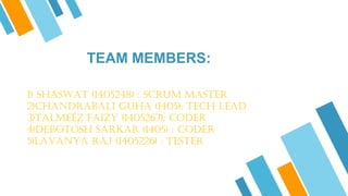 TEAM MEMBERS:
1) SHASWAT (1405248) : SCRUM MASTER
2)CHANDRABALI GUHA (1405): TECH LEAD
3)TALMEEZ FAIZY (1405267): CODER
4)DEBOTOSH SARKAR (1405) : CODER
5)LAVANYA RAJ (1405226) : TESTER
 
