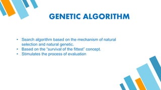 GENETIC ALGORITHM
• Search algorithm based on the mechanism of natural
selection and natural genetic.
• Based on the “survival of the fittest” concept.
• Stimulates the process of evaluation
 