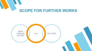 EROOR
HANDLING
FEATURES
TEST-CASESG.U.I
SCOPE FOR FURTHER WORKS
 