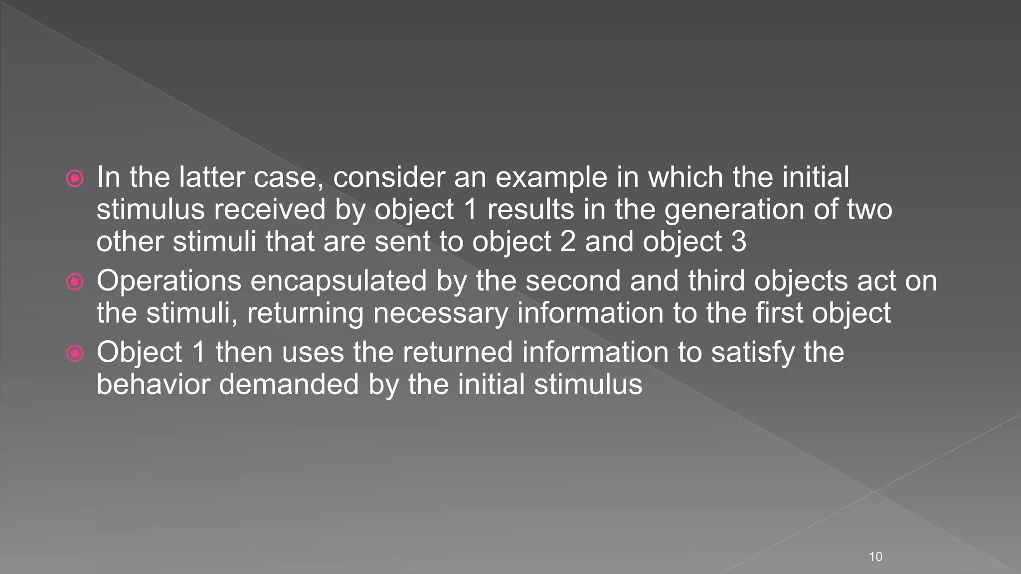  In the latter case, consider an example in which the initial
stimulus received by object 1 results in the generation of two
other stimuli that are sent to object 2 and object 3
 Operations encapsulated by the second and third objects act on
the stimuli, returning necessary information to the first object
 Object 1 then uses the returned information to satisfy the
behavior demanded by the initial stimulus
10
 