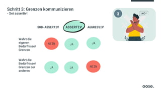 ASSERTIV
Schritt 3: Grenzen kommunizieren
- Sei assertiv!
SUB-ASSERTIV AGGRESSIV
NEIN
JA
JA
JA
JA
NEIN
Wahrt die
eigenen
Bedürfnisse/
Grenzen
Wahrt die
Bedürfnisse/
Grenzen der
anderen
3
 