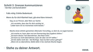 Schritt 3: Grenzen kommunizieren
- Sei klar und konstruktiv!
▪ Falls nötig: Erbitte Bedenkzeit.
▪ Wenn du für dich Klarheit hast, gib eine klare Antwort.
▪ Sag Ja zur Person, aber Nein zur Sache:
„Ich verstehe, dass das für dich wichtig ist.
Leider kann ich es momentan nicht leisten.“
▪ Mache einen ehrlich gemeinten Alternativ-Vorschlag, zu dem du Ja sagen kannst:
„Ich mache es, kann aber erst am Donnerstag das Ergebnis liefern.“
„Ich kann diesen Teil übernehmen, den Rest nicht.“
„Ich kann es nicht übernehmen, kann dir aber mit XY helfen.“
„Ich bin dafür nicht der / die Richtige. Hast du Bert schon gefragt?“
„Wenn ich es übernehme, bleibt dafür Z bis nächste Woche liegen.
▪ Stehe zu deiner Antwort.
3
 