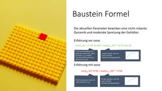 Baustein Formel
Die aktuellen Parameter bewirken eine nicht-riskante
Dynamik und moderate Spreizung der Gehälter.
Erfahrung vor oose
Erfahrung mit oose
min(Jbo,10) *473€ + max(0,Jbo-10)0,7 * 473€
473€ für jedes der ersten 10
„Jahre bei oose“ (Jbo)
0,75% des Basisgehalts für
jedes der ersten acht „Jahre
vor oose“ (Jvo) in denen
relevante Berufserfahrung
gesammelt wurde
Ab dem achten „Jahr vor
oose“ wird der
Gehaltszuschlag gedämpft
Ab dem zehnten „Jahr bei
oose“ wird der
Gehaltszuschlag gedämpft
min(Jvo,8) * 0,75% des BG + max(0,Jvo-8)0,5 * 0,75% des BG
 