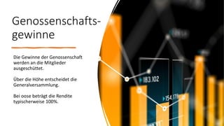 Genossenschafts-
gewinne
Die Gewinne der Genossenschaft
werden an die Mitglieder
ausgeschüttet.
Über die Höhe entscheidet die
Generalversammlung.
Bei oose beträgt die Rendite
typischerweise 100%.
 