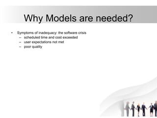 Why Models are needed?
• Symptoms of inadequacy: the software crisis
– scheduled time and cost exceeded
– user expectations not met
– poor quality
 