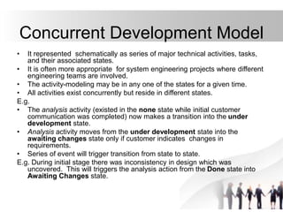 • It represented schematically as series of major technical activities, tasks,
and their associated states.
• It is often more appropriate for system engineering projects where different
engineering teams are involved.
• The activity-modeling may be in any one of the states for a given time.
• All activities exist concurrently but reside in different states.
E.g.
• The analysis activity (existed in the none state while initial customer
communication was completed) now makes a transition into the under
development state.
• Analysis activity moves from the under development state into the
awaiting changes state only if customer indicates changes in
requirements.
• Series of event will trigger transition from state to state.
E.g. During initial stage there was inconsistency in design which was
uncovered. This will triggers the analysis action from the Done state into
Awaiting Changes state.
Concurrent Development Model
 