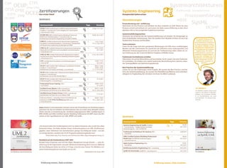 CSM                           CTFL
    ocupIPMA/GPM                                                                                                                                                                                                Systemarchitekturen
CpSa CPRE
          oceBZertifizierungen                                                                                                                  Systems-Engineering                                                      Funktionale Architekturen
 CSPO                                Aus erster Hand                                                                                            Komplexität beherrschen
                                                                                                                                                                                                                             Prozesseinführung
      PMI
OCSMP                                Seminare                                                                                                   Dienstleistungen                                                          MBSE
                                      Seminarinhalt                                                              Tage           Termine
                                                                                                                                                Prozessberatung und –einführung                                                              Sysml
                                                                                                                                                                                                                                                               OCSMP
                                                                                                                                                Optimieren Sie Ihre Prozesse und behalten Sie diese weiterhin im Griff. Führen Sie neue
                                      OCEB-F OMG Certified Expert in BPM Fundamental Vorberei-                     3      01.08./ 14.11.2011    Prozesse schnell und wirksam ein und nutzen Sie dabei unsere Erfahrung, so dass Sie in
                                      tungskur aoose.de/oceb-f auch verfügbar als E-Learning Kurs                                               planbarer Zeit zu hervorragenden Ergebnissen kommen.
                                      aoose.de/oceb-f-elearn
                                                                                                                                                Systemmodelle begutachten
                                      OCSMP-MU OMG Certified Systems Modeling Professional                         1      09.09./ 02.12.2011
                                      Model User Vorbereitungskurs aoose.de/ocsmp-mu                                                            Gewinnen Sie Sicherheit bei der Systemmodellierung und erhalten Sie Anregungen zu
                                      Kombinierbar mit Systems-Engineering mit SysML (SYSENG)                                                   Ihrer fortlaufenden Verbesserung. Über die Qualität Ihrer Modelle erhöhen Sie auch die          Im Systems-Engineering
                                                                                                                                                Qualität Ihrer Prozesse und Resultate.                                                           arbeiten Menschen aus
                                      CPRE-FL Certified Professional for Requirements Engineering                  3          11.07./ 19.09./
                                                                                                                                                                                                                                             unterschiedlichen Disziplinen
                                      Foundation Level Vorbereitungskurs aoose.de/cpre-fl Kombinierbar                    21.11./ 23.01.2012
                                      mit Requirements Engineering und Management (REM)
                                                                                                                                                Tools evaluieren                                                                             an einem komplexen System.
                                                                                                                                                Lösen Sie die Frage nach den geeigneten Werkzeugen mit Hilfe eines unabhängigen              oose gehört weltweit zu den
                                      CPRE-AL-EC Certified Professional for Requirements Engineering               3          04.07./ 05.09./                                                                                                 maßgeblichen Mitgestaltern
                                                                                                                                                Beraters auf. Wir unterstützen Sie sowohl bei der Definition eines wirkungsvollen und        des modellbasierten Systems-
                                      Advanced Level, Elicitation and Consolidation Vorbereitungskurs                            07.11.2011
                                                                                                                                                effizienten Evaluierungsprozesses als auch bei der Toolbewertung selbst, indem wir un-          Engineerings. Mit hoher
                                      aoose.de/cpre-al-ec                                             NEU
                                                                                                                                                sere Erfahrung aus den unterschiedlichen Projekten einfließen lassen.                        Fachkompetenz coachen wir
                                      CPRE-AL-RM Certified Professional for Requirements Enginee-                  3      17.10. / 05.12.2011                                                                                                 komplette Entwicklungspro-
                                      ring Advanced Level, Requirements Modeling Vorbereitungskurs                                                                                                                                            zesse oder befähigen Sie in
                                                                                                                                                Funktionale Architekturen erstellen                                                           Workshops und Schulungen,
                                      aoose.de/cpre-al-rm                                                NEU                                    Fokussieren Sie auf das Wesentliche und beschreiben Sie Ihr System mit einer funktiona-        Ihre individuellen Heraus-
                                      CTFL Certified Tester Foundation Level Vorbereitungskurs                     4          15.08./ 17.10./   len Architektur. Sie erhalten eine stabile funktionale Beschreibung Ihres Systems, erken-      forderungen souverän zu
                                      aoose.de/ctfl                                                                              05.12.2011     nen Synergieeffekte und Optimierungspotenzial.                                                          meistern.

                                      OCUP-F OMG Certified UML Professional Fundamental Vorberei-                  1          08.07./ 12.08./
                                      tungskurs aoose.de/ocup-f                                                               16.09./ 14.10./   Best Practices der Systemmodellierung
                                      Kombinierbar mit Analyse und Design aoose.de/ooad                                   11.11./ 16.12.2011    Lernen Sie von den Erfahrungen vieler Projekte. Wir kennen die Best Practices und Pat-
                                      OCUP-I OMG Certified UML Professional Intermediate Vorberei-                 2             03.11.2011     terns der Systemmodellierung. Sie machen Ihre Modellierung effektiver und verhindern
                                      tungskurs aoose.de/ocup-i                                                                                 Zähigkeit im Projektalltag. Wir schreiben mit Ihnen Ihr MBSE-Cookbook.
                                      Kombinierbar mit mit UML Vertieft (UML-F)

                                      OCUP-A OMG Certified UML Professional Advanced                               2             27.10.2011
                                      Vorbereitungskurs aoose.de/ocup-a

                                      Professional Scrum Training (PST)                                            2          29.08./ 19.10./
                                      aoose.de/pst                                                  NEU                          01.12.2011

                                      Certified Scrum Master (CSM) aoose.de/csm                                    2          04.07./ 12.09./                                                                                                 Tim Weilkiens
                                      Kombinierbar mit Führen als Scrum Master (FSM)                                      05.12./ 23.01.2012                                                                                                  Tim Weilkiens befreit seinen Kopf,
                                      Certified Scrum Product Owner (CSPO) aoose.de/cspo                           2                                                                                                                          indem er sein Wissen in Büchern,
                                                                                                                                 17.10. 2011                                                                                                  Artikeln und Vorträgen festhält.
                                      Kombinierbar mit Führen als Scrum Master (FSM)
                                                                                                                                                                                                                                              Er ist Geschäftsführer von oose
                                      Softwarearchitektur - Lebendiger Entwurf mit Methode inkl.                   4          08.08./ 19.09./                                                                                                 und Spezialist für Systems-Engi-
                                      Aufbaukurs iSAQB-CPSA-Zertifizierung (SWA+Zert)                                     14.11./ 30.01.2011                                                                                                  neering.
                                      aoose.de/swa-zert


                                     oose arbeitet in internationalen Gremien und an der Entwicklung von Zertifizierungspro-
                                     grammen mit. Bei uns erhalten Sie Informationen also aus erster Hand. Beispiele unserer
                                     Arbeit sind die Co-Entwicklung der Zertifizierungsprogramme OMG Certified Expert in
                                     BPM (OCEB) und OMG Certified Systems Modeling Professional (OCSMP) sowie das Mit-
                                     wirken an den Spezifikationen zur UML, BPMN und SysML.                                                     Seminare
                                                                                                                                                 Seminarinhalt                                                  Tage         Termine
                                                                                                                                                 Systems-Engineering mit SysML (SYSENG)                           4               05.09./
                                     „Die Autoren haben ihre Fachkompetenz nicht nur dadurch bewiesen, dass sie die Tests selber                                                                                              28.11.2011
                                                                                                                                                 aoose.de/syseng 5-tägige Variante beinhaltet
                                     bestanden haben. Sie haben darüber hinaus Vorbereitungskurse zur UML-Zertifizierung                         Vorbereitungskurs + Zert. OCSMP-MU
                                     gegeben, deren Teilnehmer eine bemerkenswert geringe Durchfallquote hatten - und dies
                                                                                                                                                 Funktionale Architekturen für Systeme (FAS)                      2           22.09.2011
                                     nur wenige Wochen, nachdem das OCUP-Programm weltweit angelaufen war.“                                      aoose.de/fas
                                               Richard Mark Soley, Ph.D. Chairman and Chief Executive Officer Object Management Group, Inc.
                                                                                                                                                 OMG Certified Systems Modeling Professional                      1               09.09./
                                                                                                                                                 Model User (OCSMP-MU) Vorbereitungskurs                                      02.12.2011
                                     Rückblick auf die Fachkonferenz OOP 2004                                                                    aoose.de/ocsmp-mu
                                     Richard Soley (Chairman und CEO der Object Mangement Group) drückte ... „ seine An-                         Agiles Systems-Engineering (ASE)                                 1               16.09. /
                                     erkennung für die Organisation und gute Teilnehmervorbereitung durch oose aus. Während                      aoose.de/ase                                                                 16.12.2011
                                     die Durchfallquote bisher bei 20 bis 25 % liegt, erreichte oose-Trainer Tim Weilkiens mit
                                                                                                                                                 Einführung Systems-Engineering (ESE) aoose.de/ese                1           09.12.2011
                                     seinen Vorbereitungskursen eine Quote von nur 2%.“
   Tim Weilkiens, Bernd Oestereich                                                                             objektspektrum.de, Januar 2004    SysML für Entscheider (SysML/E) aoose.de/sysml-e                 1           18.11.2011
                                                                                                                                                                                                                                              Tim Weilkiens




                                       Erfahrung nutzen, Ziele erreichen.                                                                                                                       Erfahrung nutzen, Ziele erreichen.
 