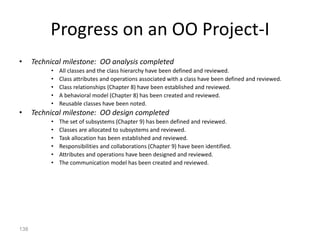 138
Progress on an OO Project-I
• Technical milestone: OO analysis completed
• All classes and the class hierarchy have been defined and reviewed.
• Class attributes and operations associated with a class have been defined and reviewed.
• Class relationships (Chapter 8) have been established and reviewed.
• A behavioral model (Chapter 8) has been created and reviewed.
• Reusable classes have been noted.
• Technical milestone: OO design completed
• The set of subsystems (Chapter 9) has been defined and reviewed.
• Classes are allocated to subsystems and reviewed.
• Task allocation has been established and reviewed.
• Responsibilities and collaborations (Chapter 9) have been identified.
• Attributes and operations have been designed and reviewed.
• The communication model has been created and reviewed.
 